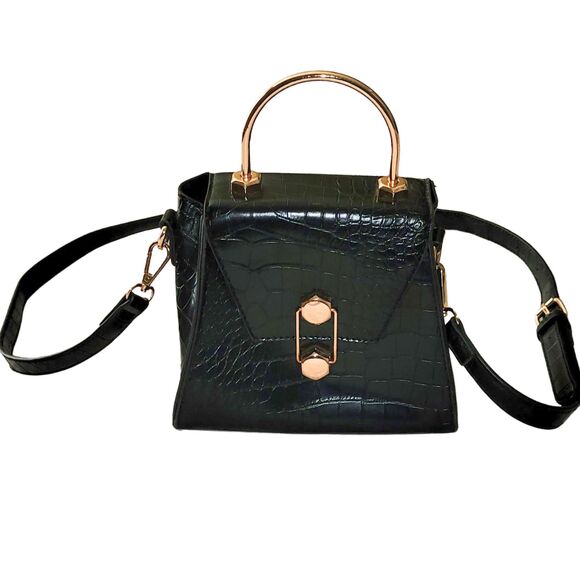 Badgley Mischka Vegan Frame Bag Crossbody Croc Embossed In Black Top Handle Used - Picture 1 of 7